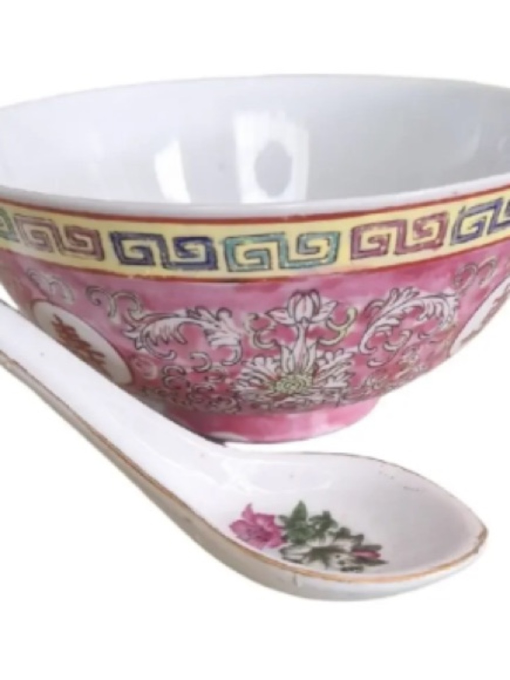 Pink Floral Porcelain Soup Bowl with Matching Spoon